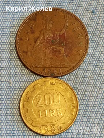 Две монети 1 пени 1961г. Англия - 200 лири 1980г. Италия редки за КОЛЕКЦИЯ 39778