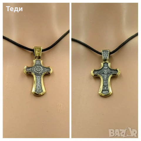 Двулицев сребърен кръст с 24 Карата позлата, с Христос, снимка 1 - Колиета, медальони, синджири - 36160421