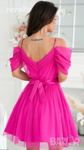 Дамска официална цикламова рокля с паднали рамена, снимка 2 - Рокли - 52139663