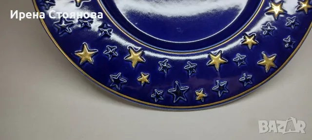 Керамично плато в кобалтово синьо, златен кант и коледен мотив. Ръчно рисувана златна декорация, снимка 4 - Декорация за дома - 47834933
