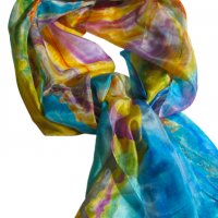 Копринен шал с градски мотиви на Мелницата в Несебър / Silk Scarf with urban motifs of the Mill in N, снимка 3 - Шалове - 34755535