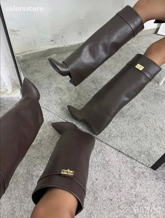 Ботуши на ток - тъмнокафява кожа - KD105 , снимка 1