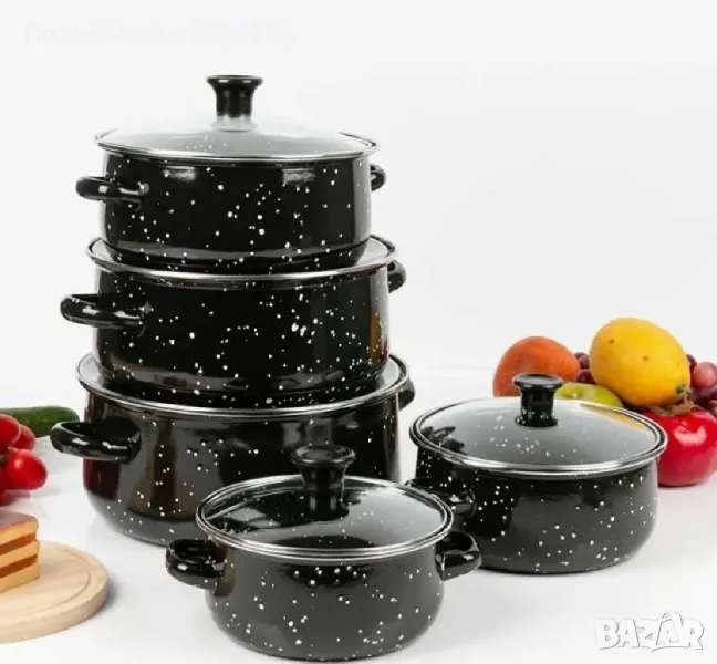 Промоция!Комплект от 5 Броя Тенджери с 5 Стъклени Капаци Черни , снимка 1