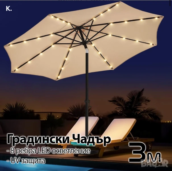 Висококачествен 3M Чадър с LED Светлини и UV Защита – Стилен Комфорт на Открито!, снимка 1