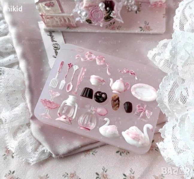 мини сервиз прибори домакински съдове лебед силиконов молд форма фондан смола , снимка 1