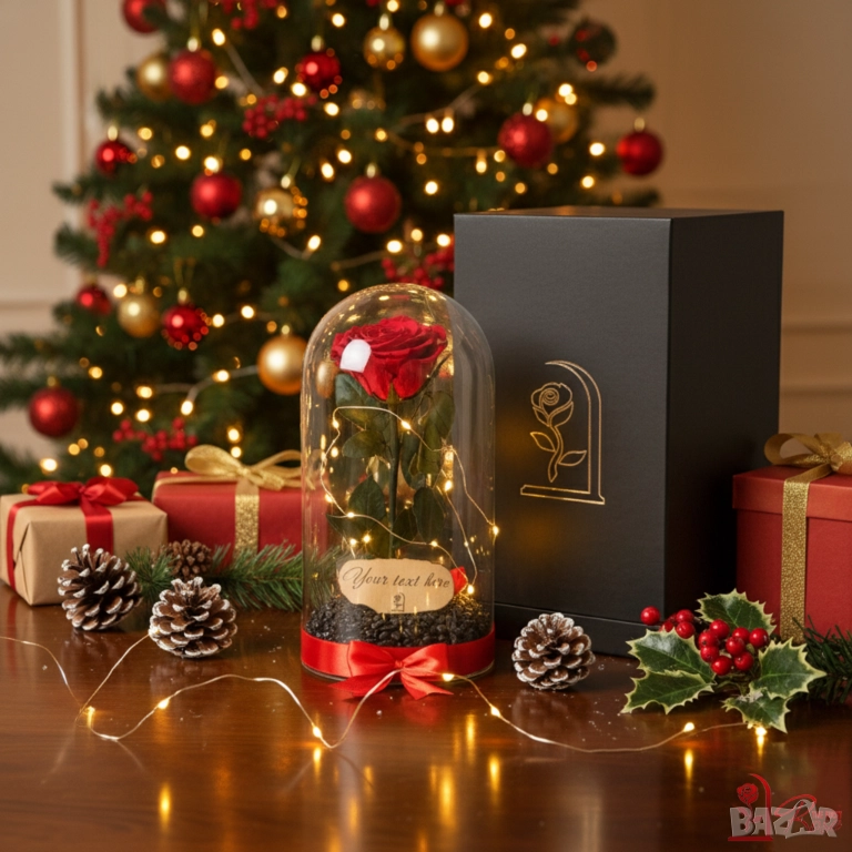 Подарък за Коледа за Жена - Естествена Вечна Роза в Голяма Стъкленица / Подарък за Съпругата, снимка 1