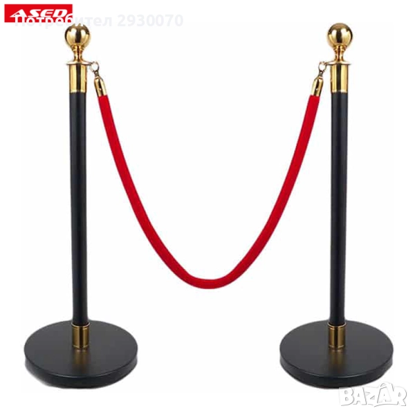 Комплект 2 броя метални ограничителни колчета черно/златно с червено въже ASED, снимка 1