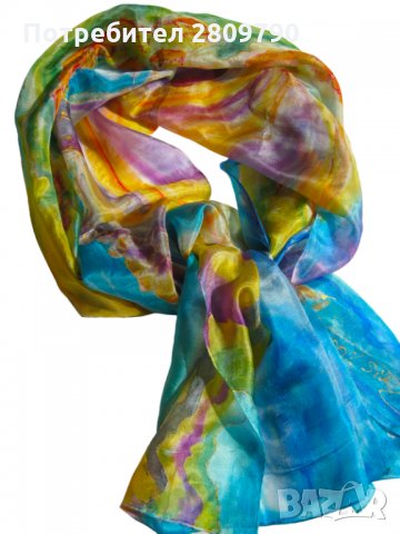 Копринен шал с градски мотиви на Мелницата в Несебър / Silk Scarf with urban motifs of the Mill in N, снимка 3 - Шалове - 34755535