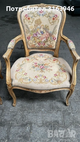 Винтидж френски кресла с гоблен комплект, снимка 5 - Дивани и мека мебел - 53856731