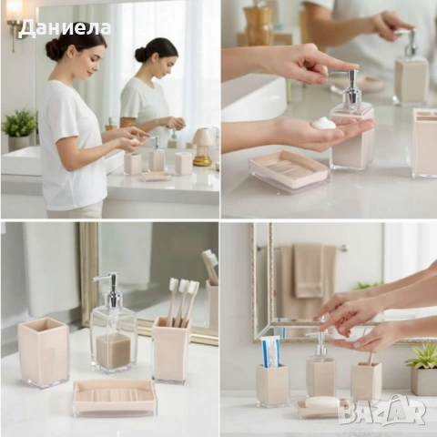 Комплект аксесоари за баня Cheffinger – 4 части, дозатор за сапун, чаша за четки и сапунерка, снимка 2 - Други стоки за дома - 53165683
