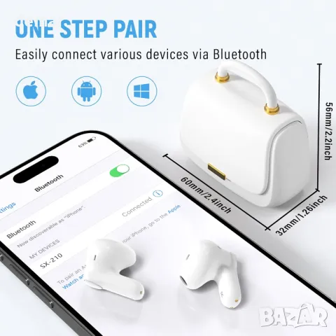 ANCwear безжични слушалки Bluetooth стилен дизайн на дамска чанта,бели, снимка 6 - Безжични слушалки - 47988436