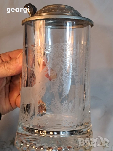 немска халба с ловни мотиви и калаен похлупак 31/3, снимка 3 - Колекции - 53724234