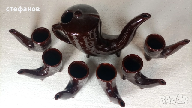 Глинен комплект за греяна ракия, тип ритон, Ханска шатра, снимка 3 - Чаши - 52918389