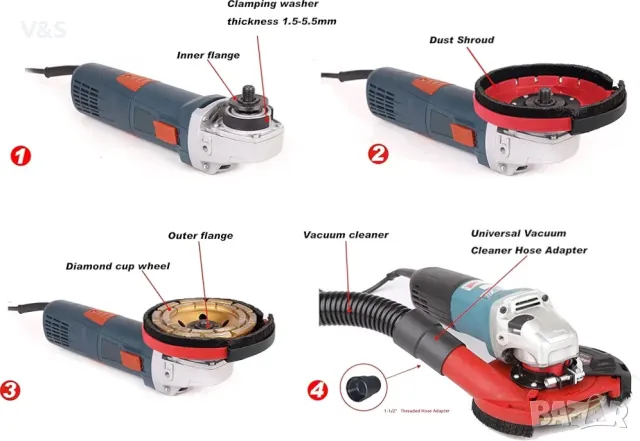 Смукателен капак Aidelife за ъглошлайф 115/125 мм + колело с диамантена чаша 125 мм x 22,2 мм за бет, снимка 3 - Други инструменти - 49182747