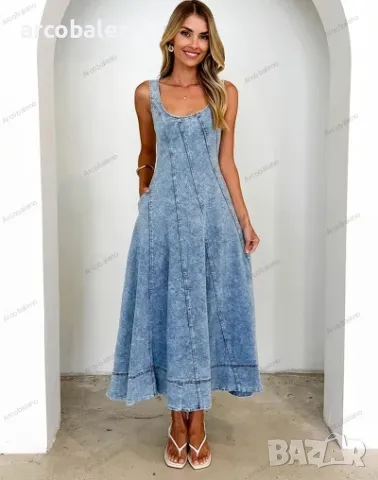 Дамска дълга дънкова рокля без ръкави без гръб с презрамки , снимка 3 - Рокли - 49794880