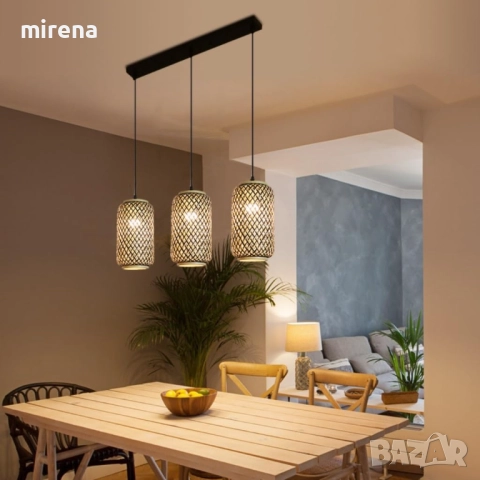 Полилей Лампа VENUS ратанова с три глави винтидж 50 см черна основа, снимка 14 - Лампи за таван - 51423444