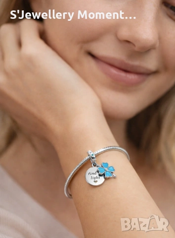 Сребърен талисман за гривни Пандора 925 четирилистна детелина, снимка 2 - Гривни - 53301070