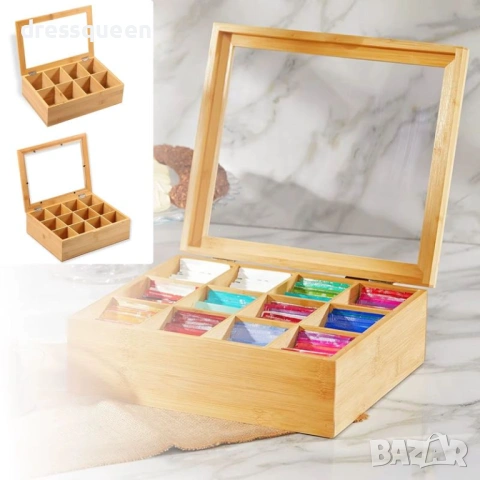 4632 Стилна бамбукова кутия за чай с 12 отделения и стъклен капак – 28x23x9 см