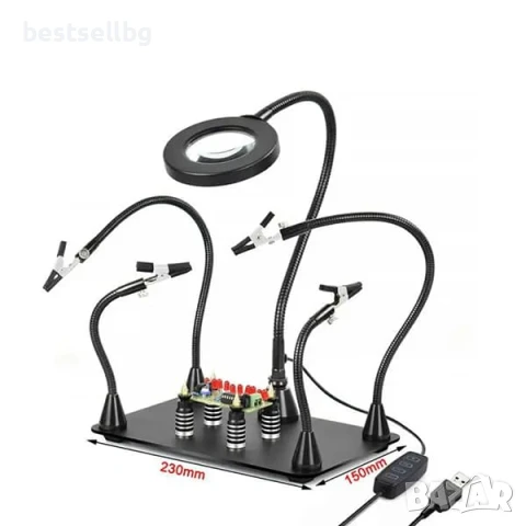 Увеличителна настолна лупа със станция за запояване LED осветление помощна трета ръка за платки, снимка 2 - Поялници и запояване - 51178862