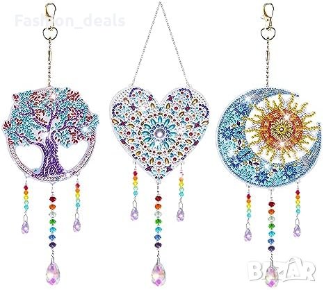 Нов Комплект 5D за Диамантено Рисуване 3 броя Сърце Луна Дърво Деца Възрастни Подарък