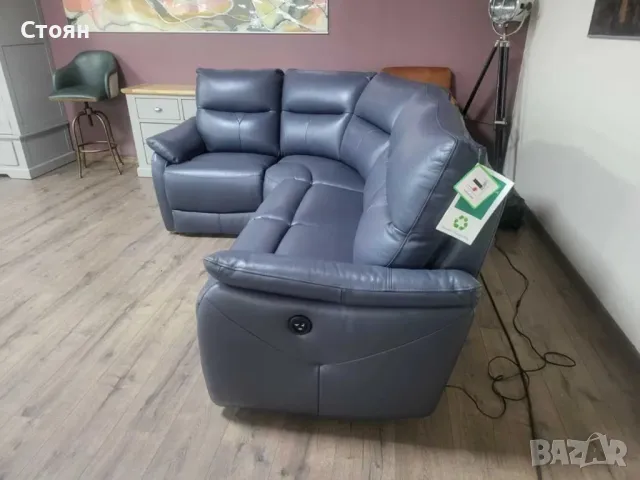 ПРОМОЦИЯ!!! Син кожен ъглов диван "Albion" с електрически релаксиращ механизъм, снимка 8 - Дивани и мека мебел - 47582492