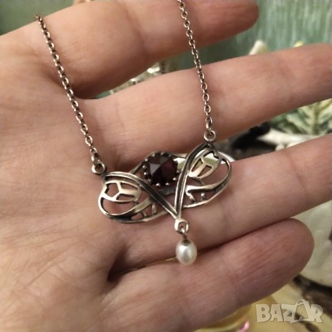 Авторска стара огърлица ,сребро ,позлата ,рубин ,перла НАМАЛЕНИЕ , снимка 4 - Колиета, медальони, синджири - 38830827