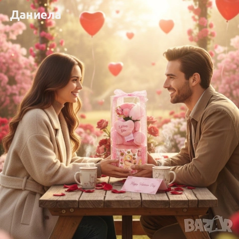 Подаръчен комплект с плюшено мече и надпис „Love you“ в прозрачна кутия, снимка 5 - Други стоки за дома - 53049105