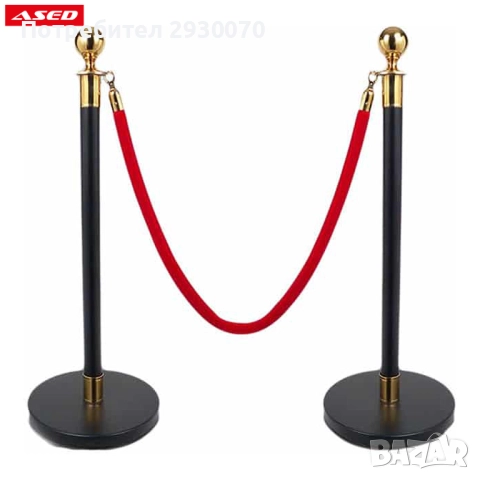 Комплект 2 броя метални ограничителни колчета черно/златно с червено въже ASED