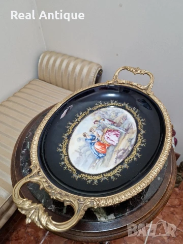 Уникално голямо антикварно порцеланово плато с бронзови орнаменти , снимка 6 - Декорация за дома - 51041286