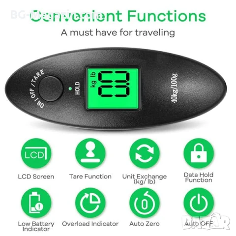 Дигитален компактен електронен ръчен кантар везна за самолетен багаж риболов куфари храна до 40кг, снимка 3 - Везни - 50921410