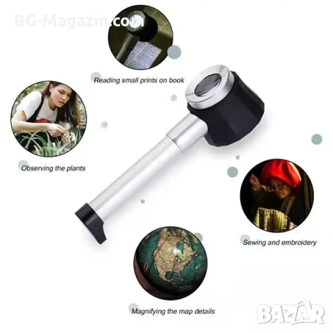 Увеличителна ръчна лупа микроскоп с LED осветление голямо 20X увеличение за бижута фалшиви пари, снимка 7 - Други инструменти - 51178776