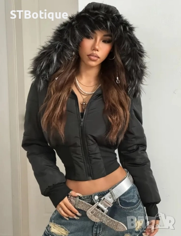 Дамско зимно улично яке STBoutique – Уютно и стилно яке с цип, плюшен косъм, черно