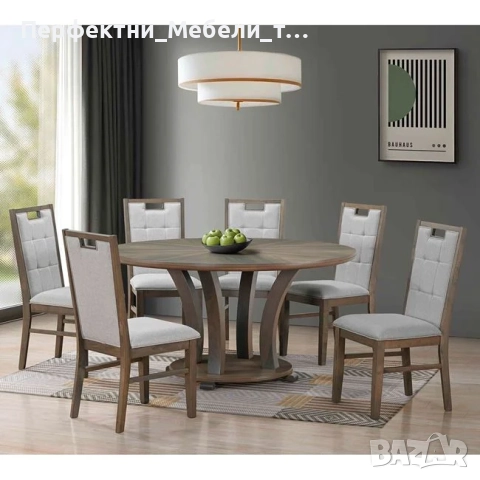 Трапезарен сет-маса с 6 стола-античен сив орех,сива дамаска-диам.150 или 100/200м.-до 5 дни доставка, снимка 2 - Маси - 52718541