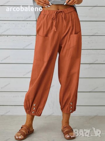 Свободни скъсени широки дамски панталони от памук и лен с висока талия, 10цвята , снимка 14 - Панталони - 41579956