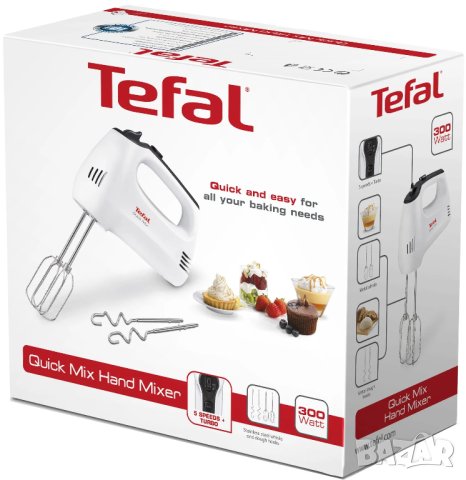 Ръчен миксер Tefal QUICK MIX HT310138, Турбо функция, 300W, 5 скорости, Бял, снимка 4 - Миксери - 44471597