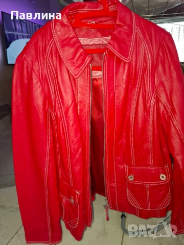 Червено кожено яке, снимка 3 - Якета - 49611488