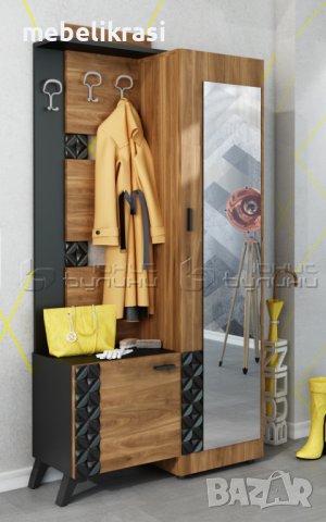 Портманто Фокс - гардероб, огледало, шкаф, 104/37/199h см, Дъб канзас /Черно