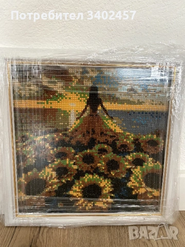 Гоблен с мъниста, 29 х 29 см, в рамка, слънчогледи, снимка 2 - Гоблени - 53223349