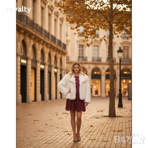 Бяло еко-палто с косъм