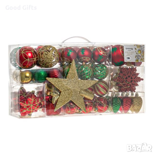 106 броя Комплект коледни топки Червени Зелени Различни дизайни и размери, снимка 1