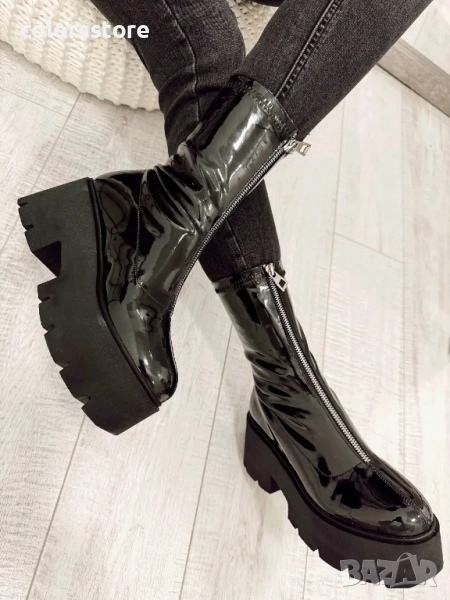 Боти на платформа - черен лак - LT10 , снимка 1