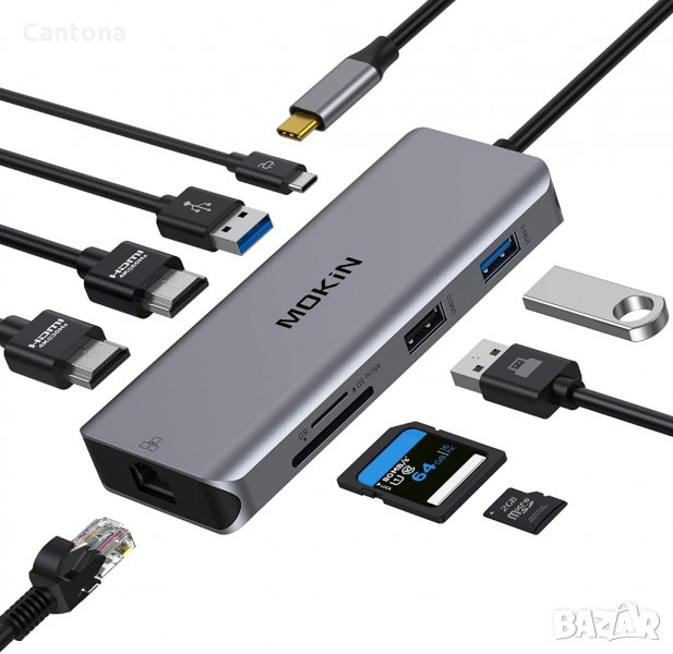 MOKiN USB Type-C Hub  9 в 1, 2xUSB 3.0, 1xUSB 2.0, 2xHDMI, LAN Gigabit, /TF/SD четец на карти, PD - , снимка 1