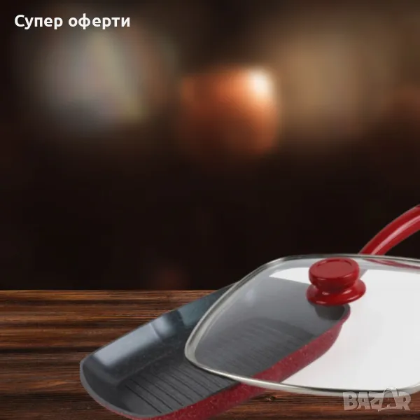Тиган грил с капак ,Мраморно покритие, индукция, Червен, снимка 1