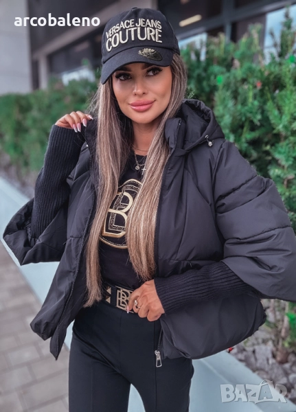 Ватирано дамско яке с качулка и ръкави тип пуловер , снимка 1