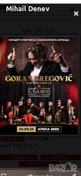 Билети 2 броя за концерт на Горан Брегович, снимка 1