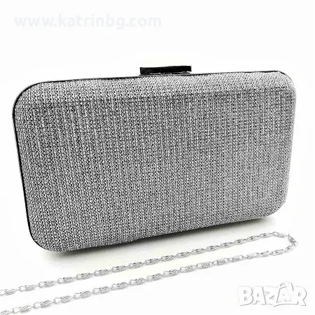 Официалана дамска чанта клъч сребърна с едър брокат твърда, снимка 1