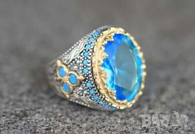 Мъжки пръстен със син циркон и тюркоази, снимка 1
