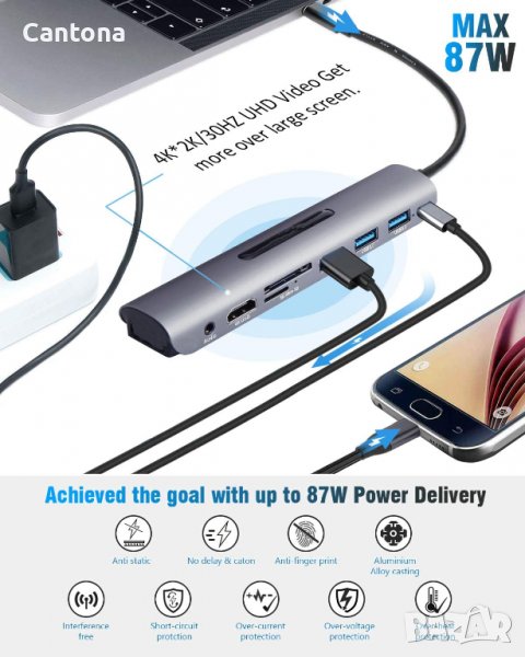 USB C Hub 8 в 1, 4K HDMI, 3xUSB 3.0, PD 87 W, Audio jack, SD/TF четец, снимка 1