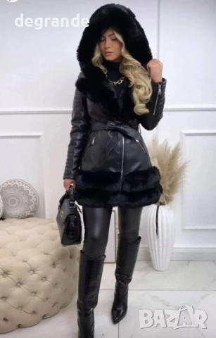 Дамско кожено яке с пух