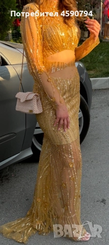 Златна официална рокля, ръчна изработка, S, снимка 3 - Рокли - 51667763